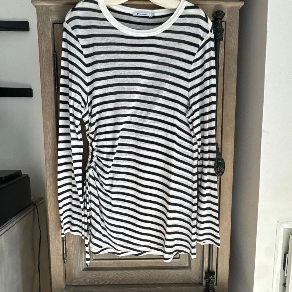 T by Alexander Wang Classic Striped Slub Jersey Long Sleeve Tee side opening